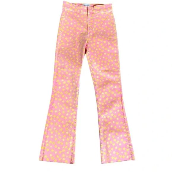 🦋 NWT 🌸 ZARA High Waist Stretch Flared Leg Flower Print Jeans Pink Yellow Sz 0 - Picture 3 of 7